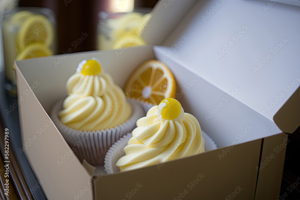 Lemon cupcakes with white cream cupcake packaging delivery. Illustration AI Generative