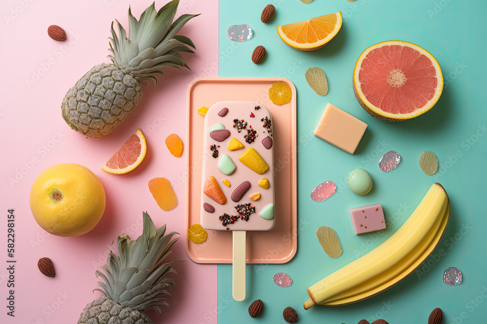 Fruit popsicle with ingredients over pink tile background. Illustration AI Generative