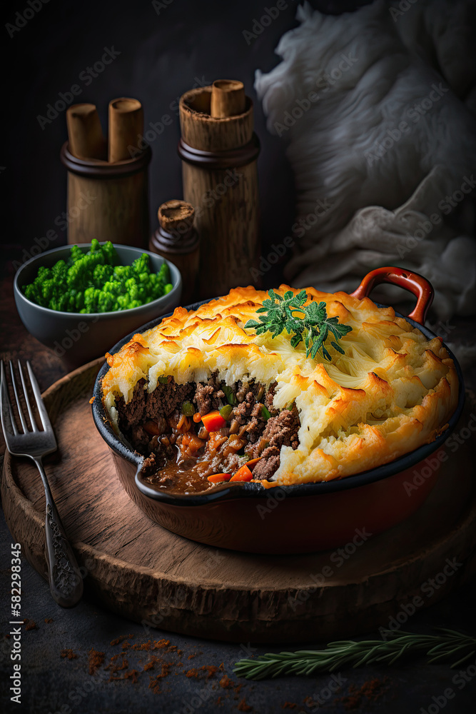 shepherds pie or cottage pie is casserole. Illustration AI Generative