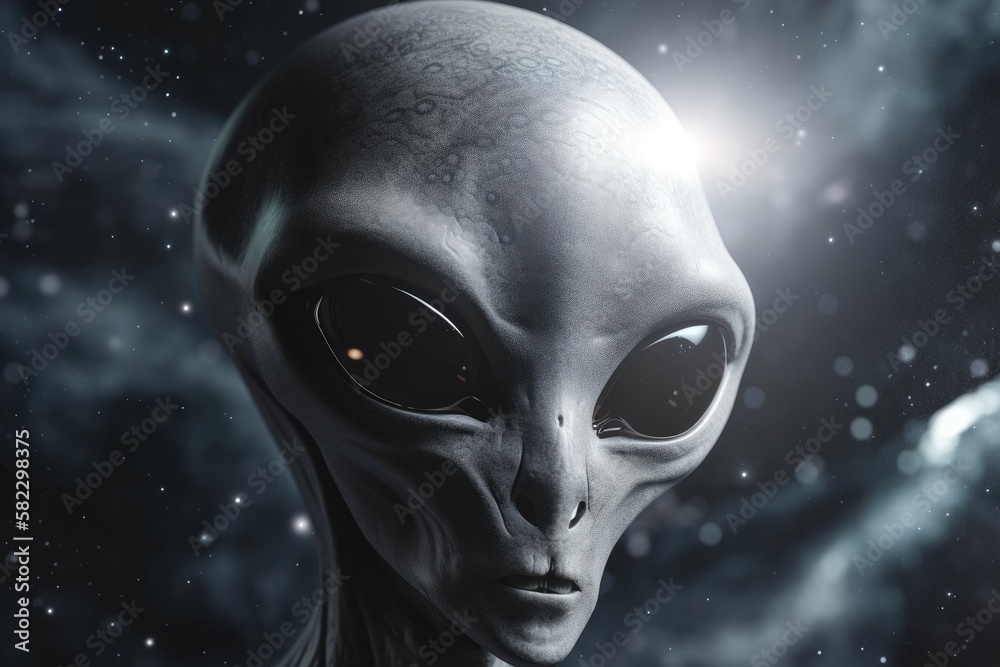 an abstract figure Grey alien concept with excessive exposure on a star field. Generative AI