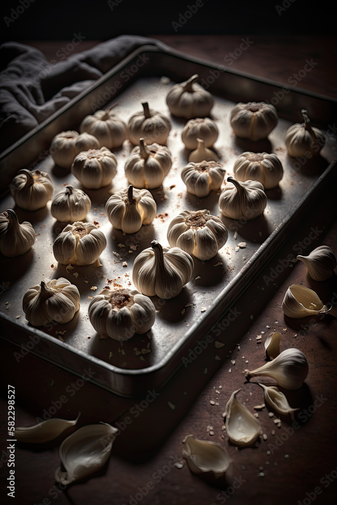 Home baked garlic cloves on a baking tray. Illustration AI Generative