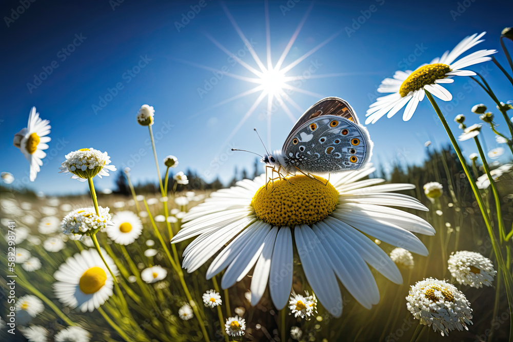 Chamomile in a summer spring field against a blue. Illustration AI Generative