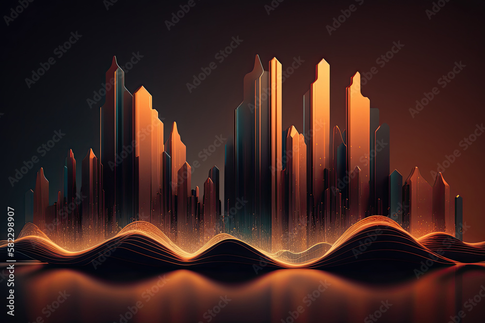 A smart city and an abstract point connect with a gradient. Illustration AI Generative