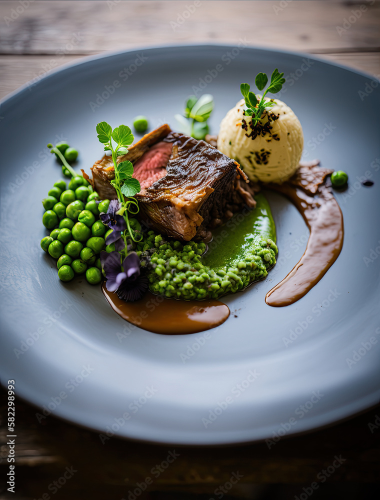 Lamb belly peas with herb crusted roast potato puree. Illustration AI Generative