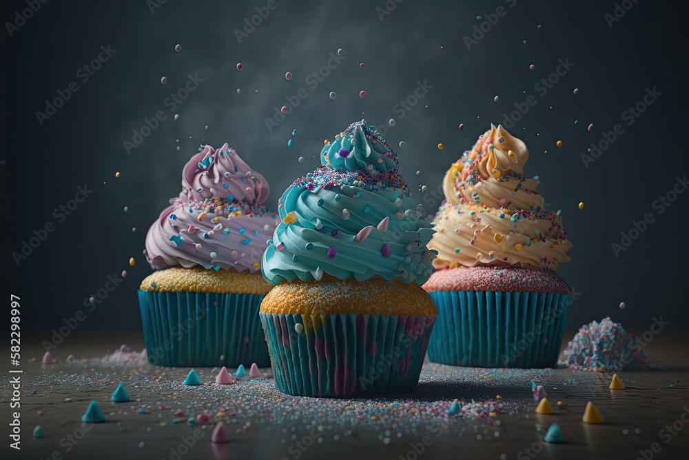 Stack of three colorful cupcakes with falling. Illustration AI Generative