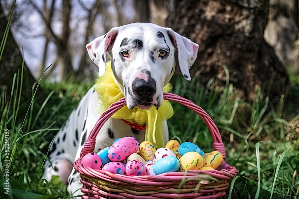 Easter eggs are in the mouth of a Dalmatian dog holding a basket. Generative AI