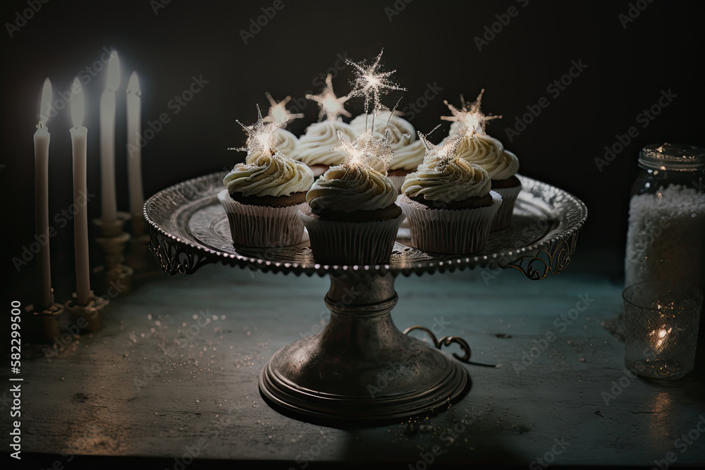 Cupcakes on a cake stand with sparklers. Illustration AI Generative