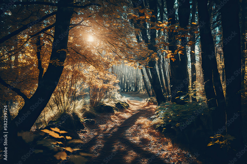 Autumn forest nature. A bright morning in a colorful. Illustration AI Generative