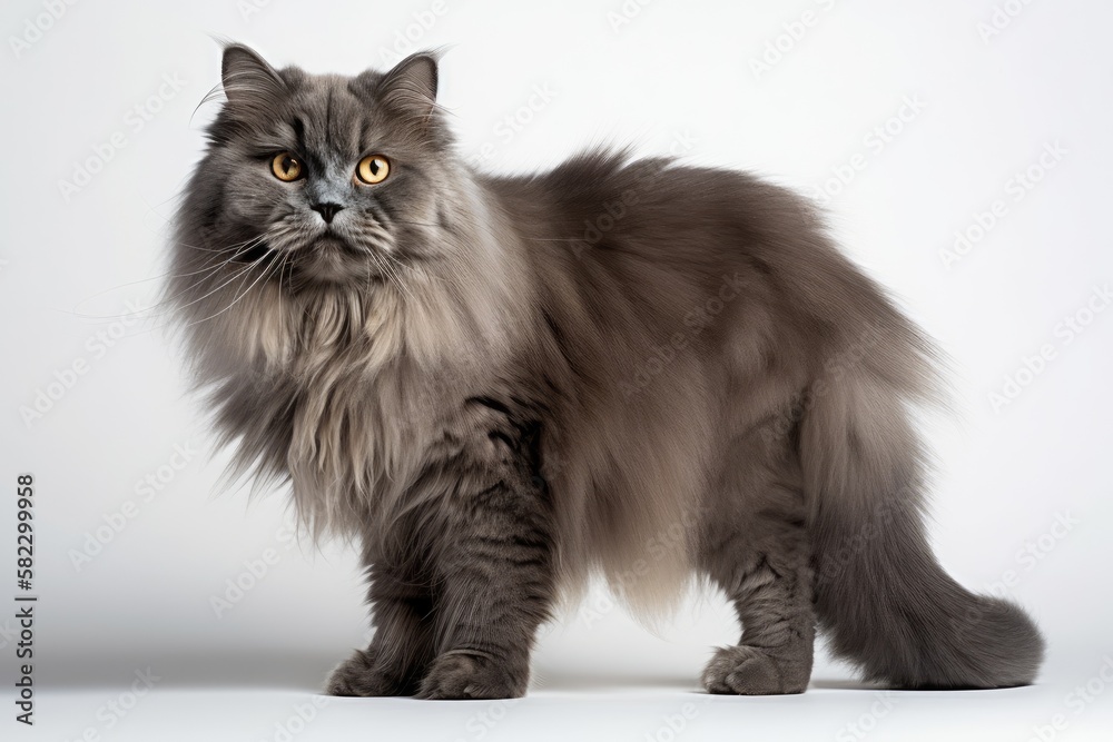 British longhaired gray cat, standing up, with a shy look. Generative AI