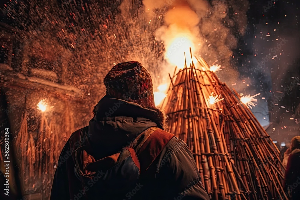 Ancient tradition of Epiphany fires in Friuli. Pignarûl and fireworks. Generative AI