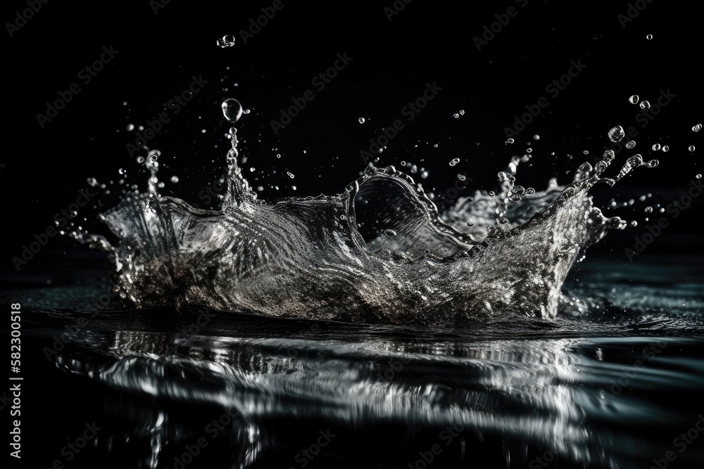 On a dark background, water pours onto the lakes surface. pure water for drinking. Generative AI