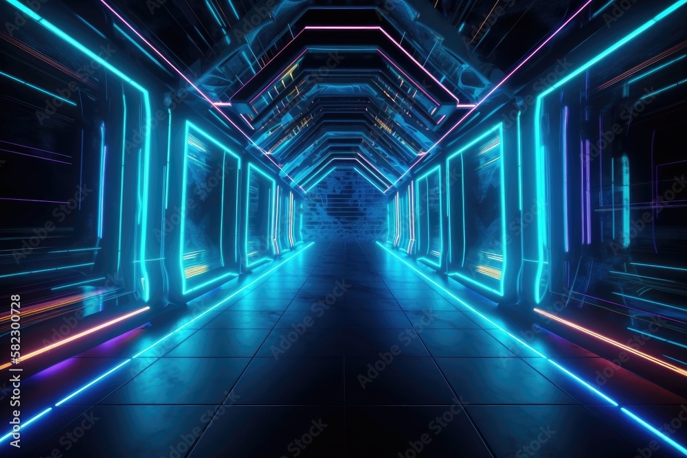 neon lights on a background that is abstract. Neon tunnel building in space illustration. Generative