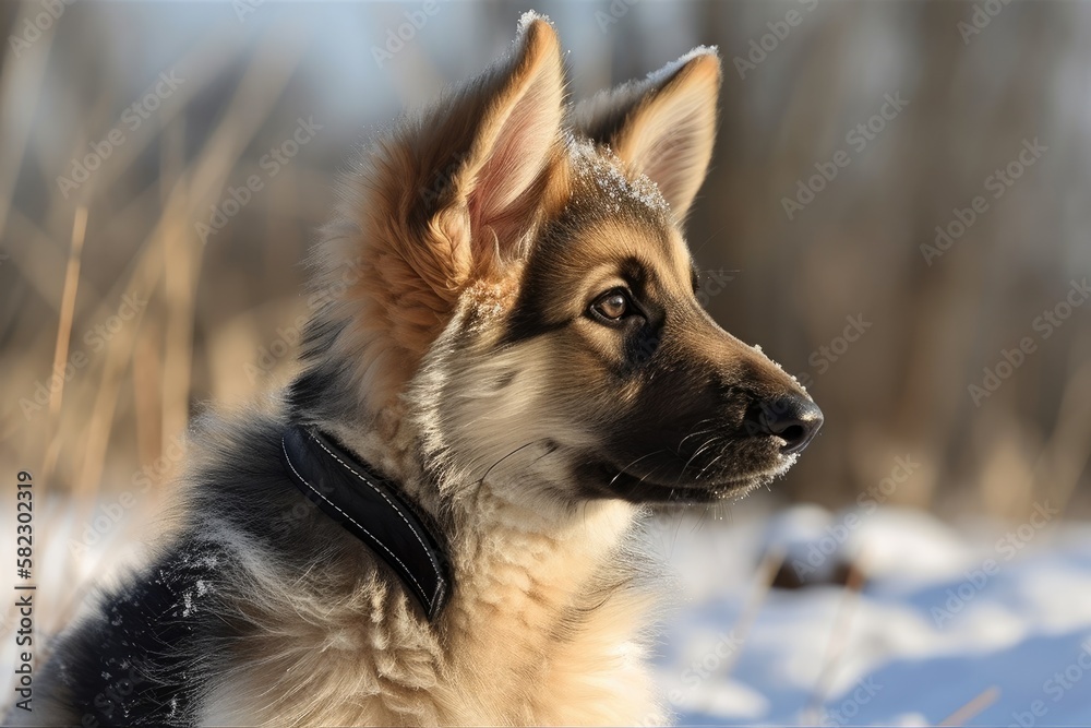 a German Shepherd puppy that is eleven weeks old and is shown in profile. Background of snow and a c