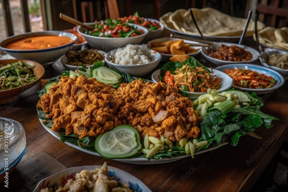 Tai Yai cuisine in Northern Thailand, including spicy fresh Burmese tofu salad. Generative AI