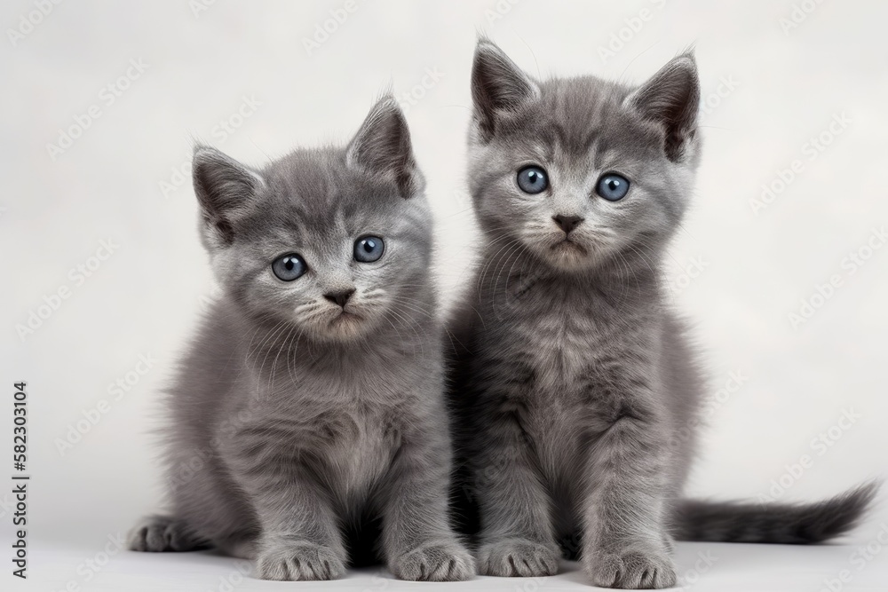 playing with their siblings are gray kittens on a white backdrop. Generative AI