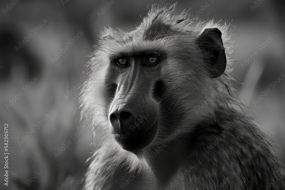 A baboon is pictured in a field while in black and white. Generative AI