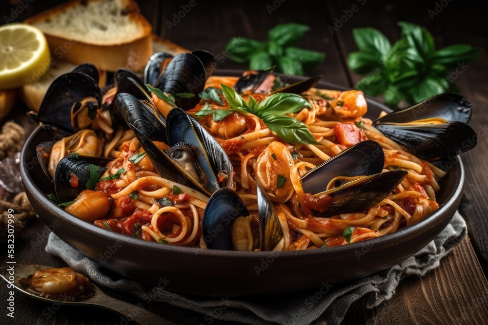 Mediterranean meal includes spaghetti cooked with shellfish. Generative AI