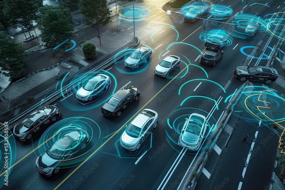 Aerial Top Down View of Autonomous Self Driving Car Passing Other Vehicles in City. Artificial intel