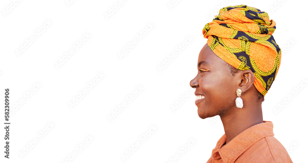 Profile, black woman and smile with head wrap and natural beauty isolated on transparent png backgro