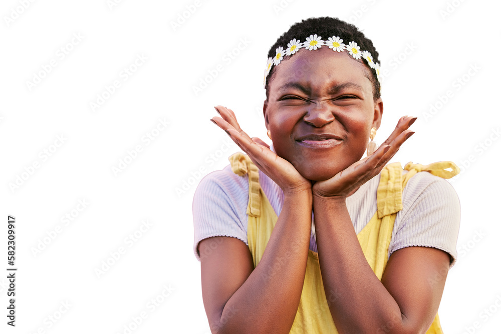 Black woman, flower crown and smile in portrait isolated on a transparent png background for natural