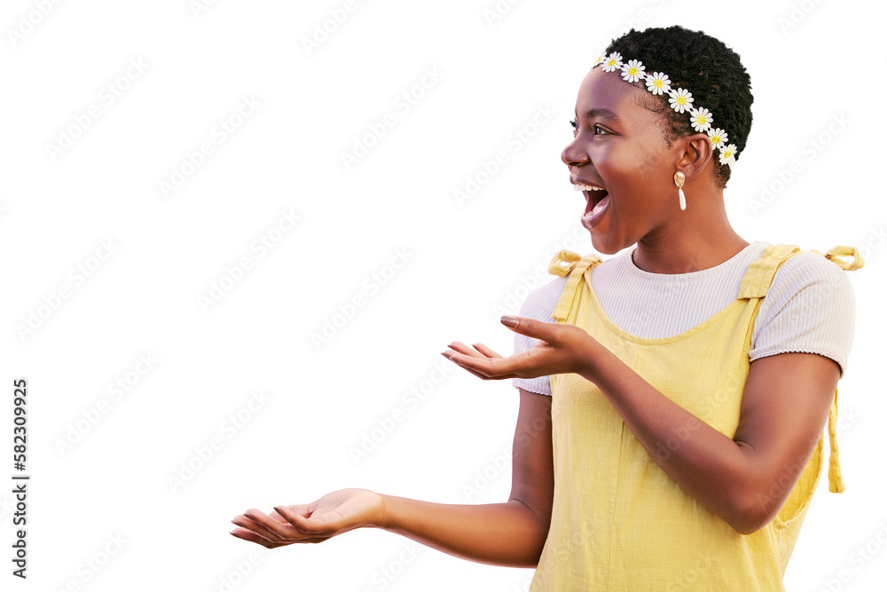 Excited black woman, mockup and space isolated on a transparent png background for marketing, advert