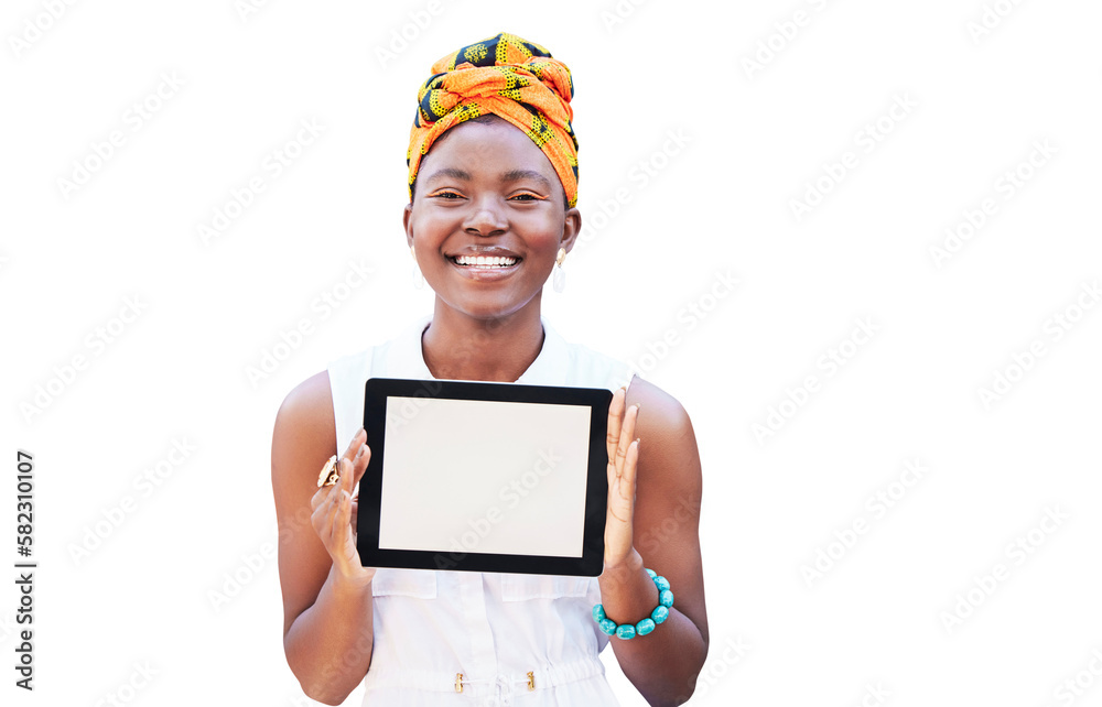 Portrait of black woman, tablet and screen, mockup or web space for digital marketing, advertising o