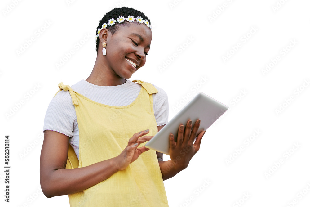 Tablet, social media and black woman reading online blog while isolated on a transparent png backgro