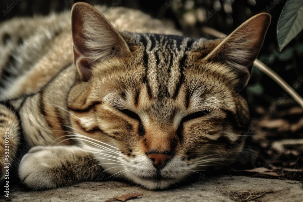 a little grainy full face photograph of a striped cat napping in the yard. Generative AI