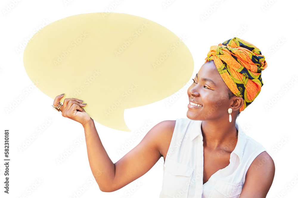 Speech bubble, communication and social media with black woman on mockup for news, vote or review is