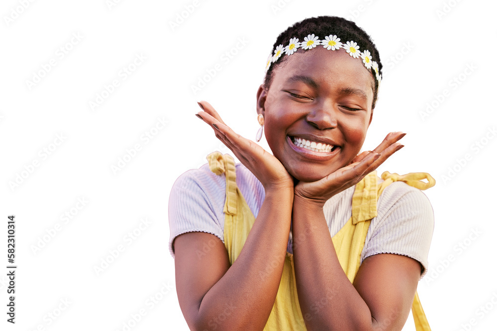 Black woman, flower crown and smile in portrait isolated on a transparent png background for natural