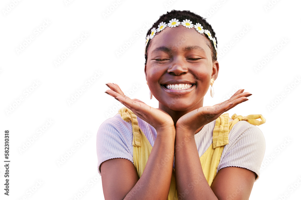 Black woman, flower crown and smile in portrait isolated on a transparent png background for natural