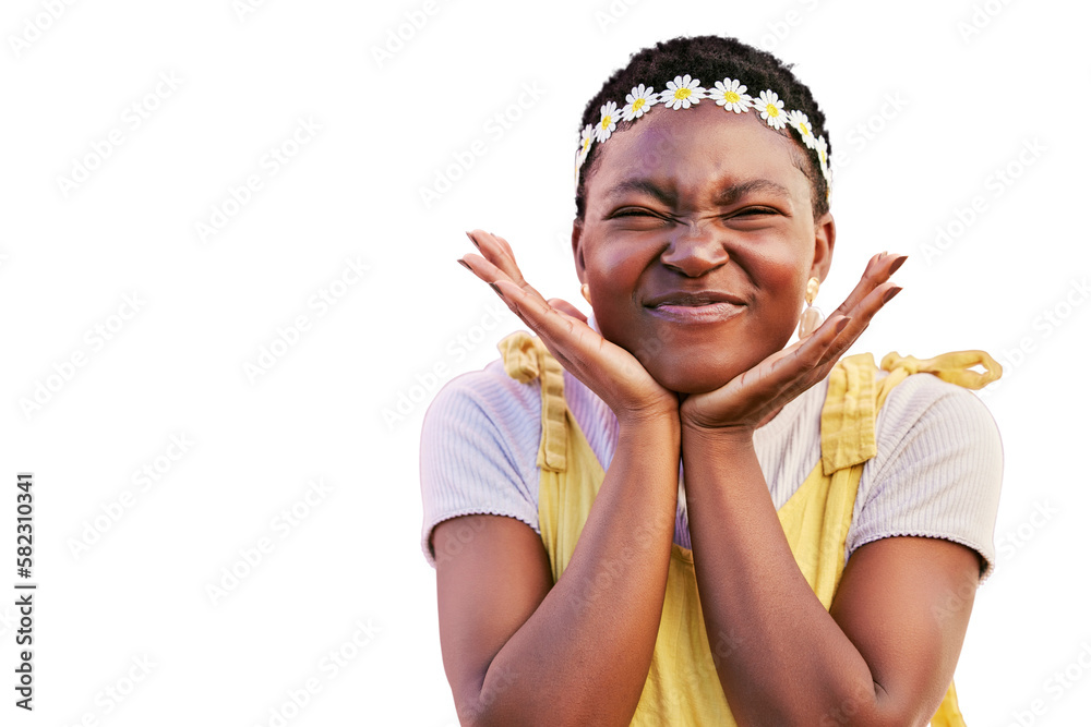 Black woman, flower crown and smile in portrait isolated on a transparent png background for natural