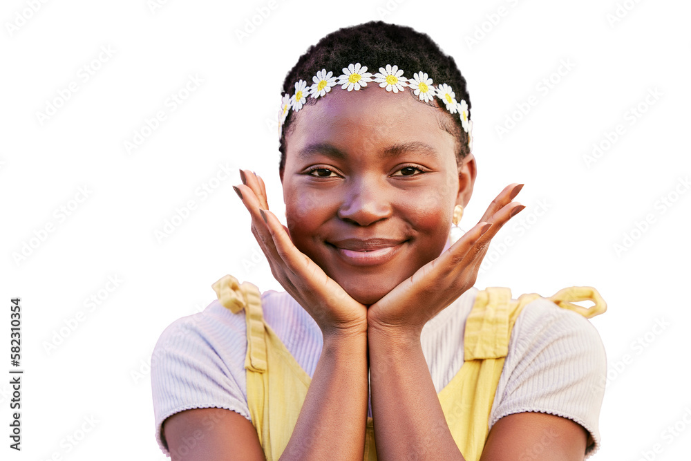 Black woman, flower crown and smile in portrait isolated on a transparent png background for natural