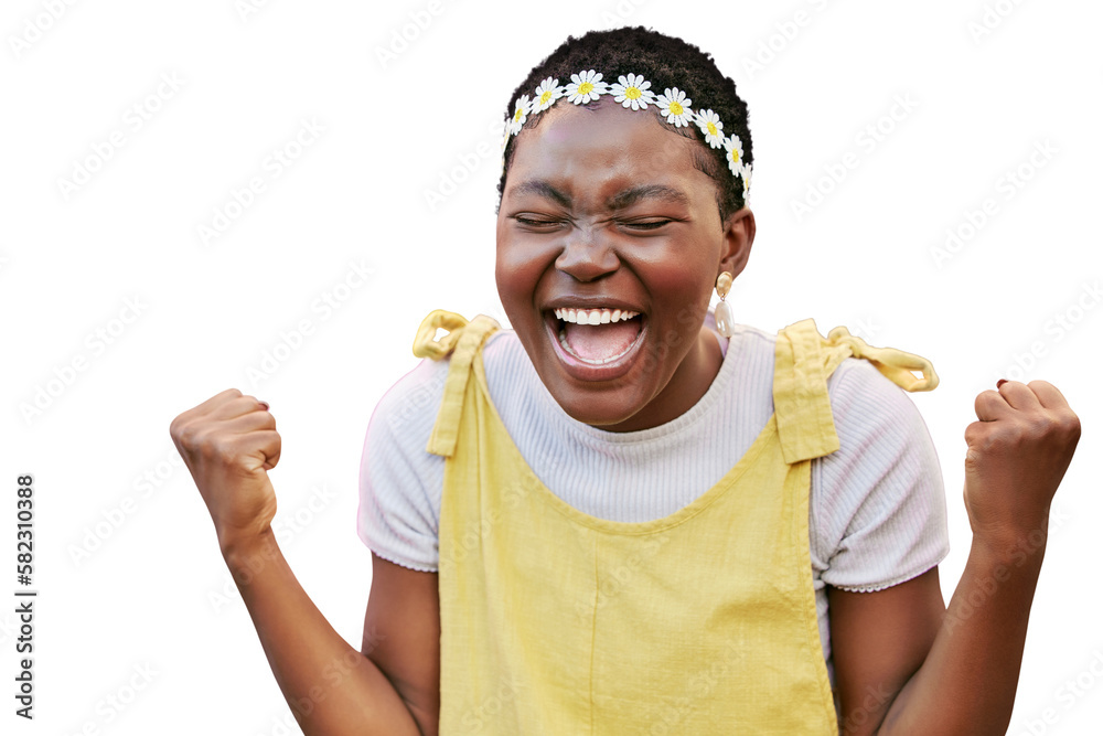 Happy, black woman and excited, success and winner scream yes, celebrate and cheers isolated on a tr