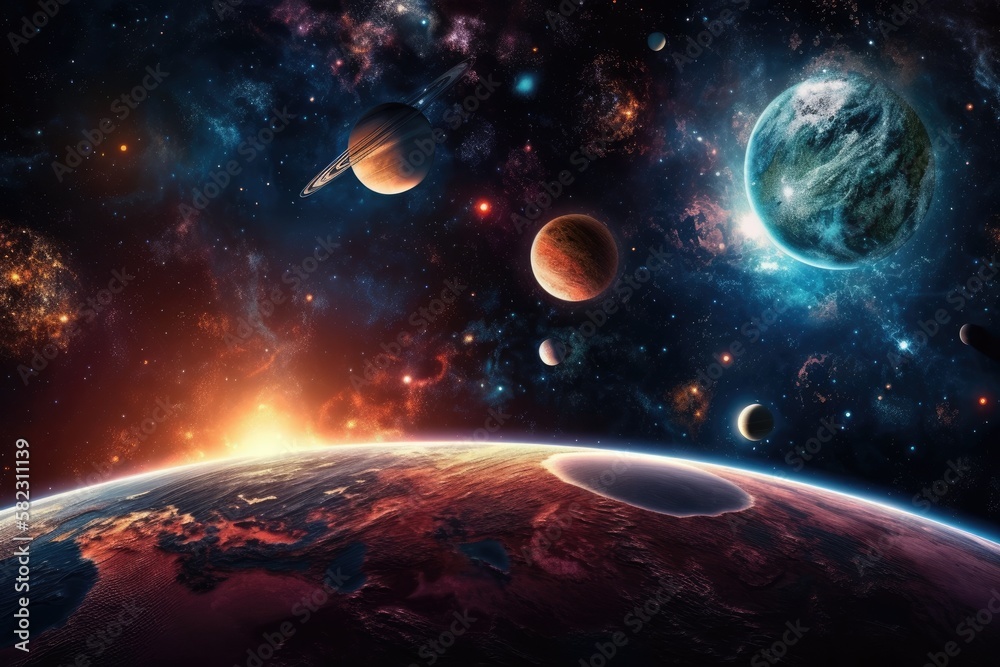 Space universe scene showcasing the wonder of space travel with planets, stars, and galaxies. compon