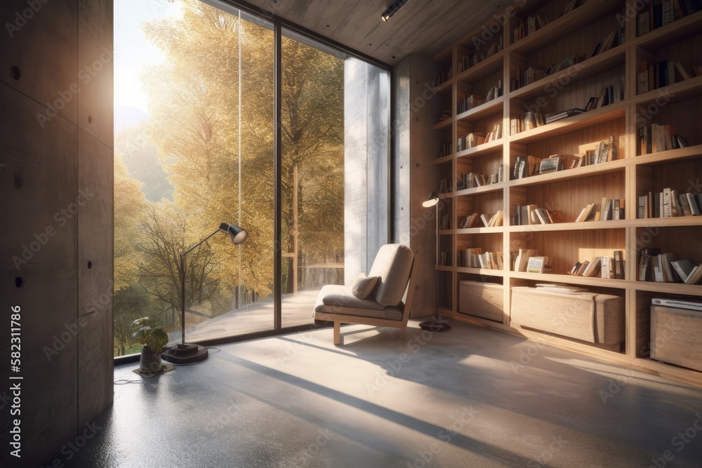 There is a reading nook near a window with a view of the outdoors, and it is surrounded by a concret