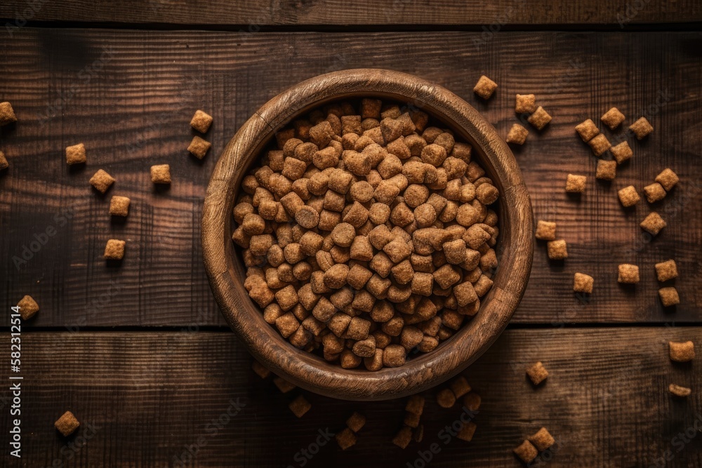 top view of a hardwood background with a bowl of dry dog chow. Generative AI