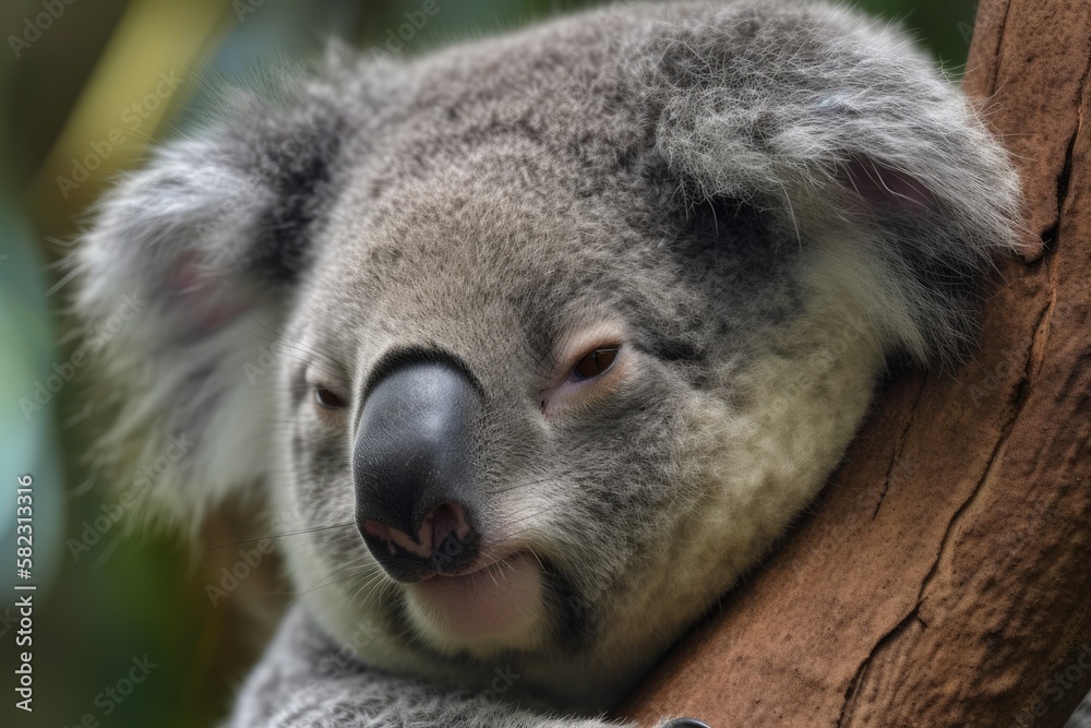 Using its razor sharp claws to hold on to the tree trunk, a koala sleeps in a eucalyptus tree. After