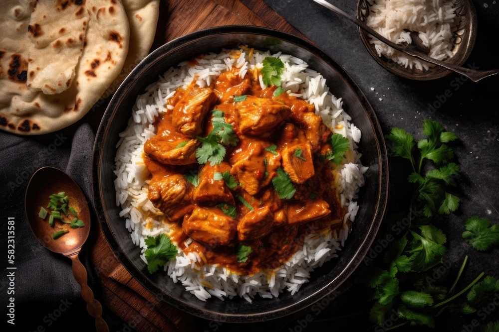 Masala chicken tikka naan bread and rice in a spicy curry with meat on a wooden platter on a black s