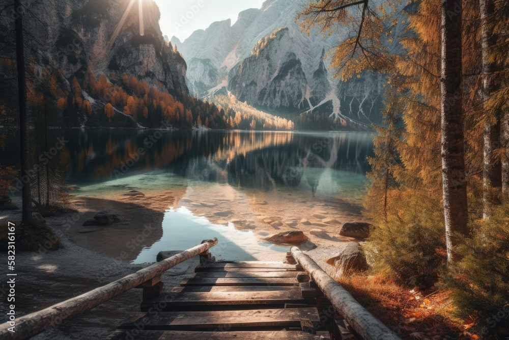 Great view of Braies Lake in the morning. Italian Alps, Dolomites, Naturpark Fanes Sennes Prags, col