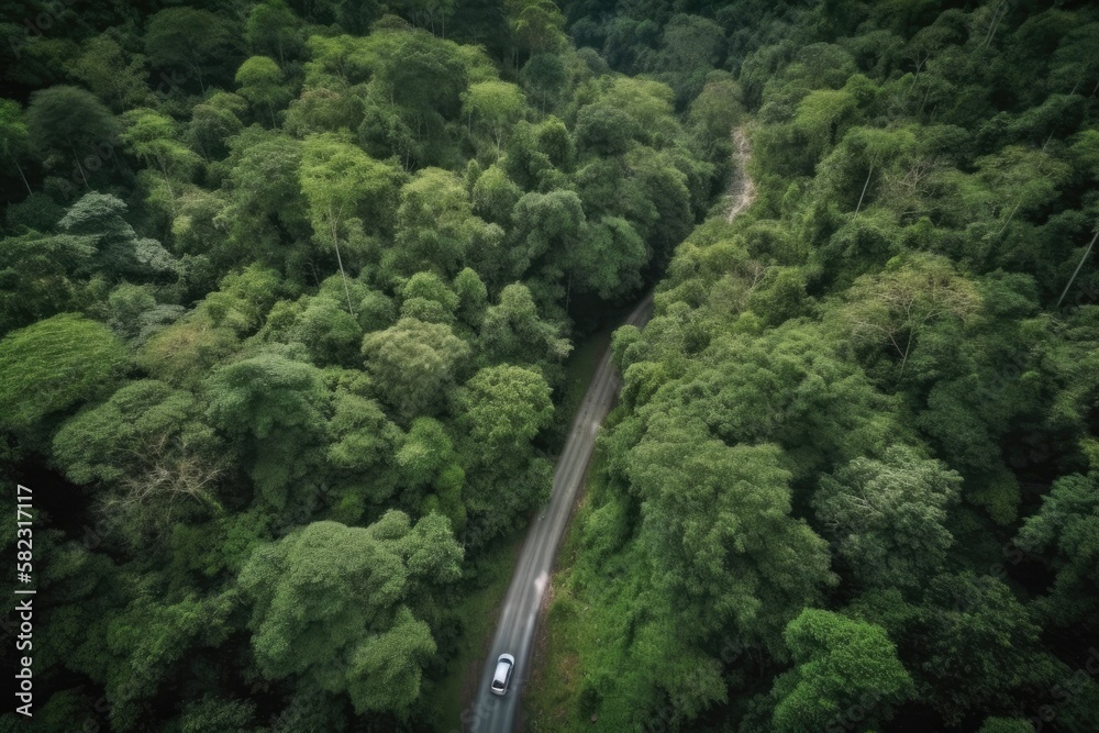 aerial view of a green forest and an asphalt road a road through a forest with a car adventure aeria