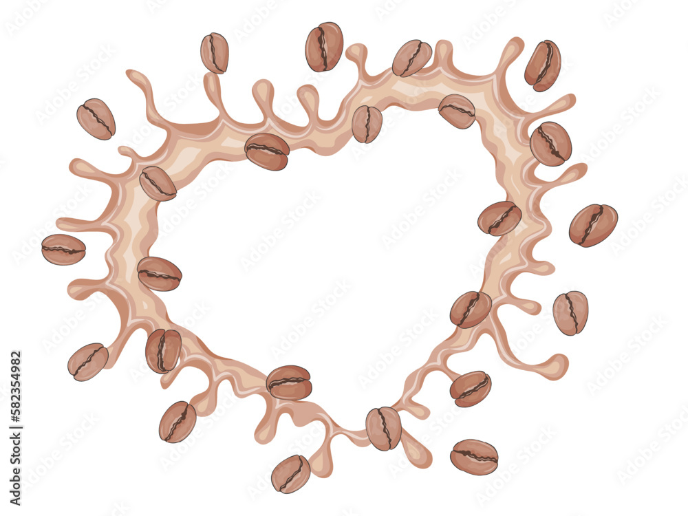 coffee splashes in the shape of a heart and beans. Vector illustration. Cartoon style.