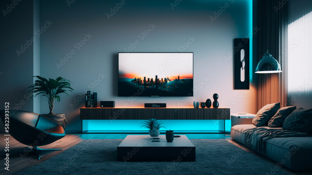 Modern Living Room Interior with Sofa and Television with Neon Lights, Minimalist Decor, Generative 