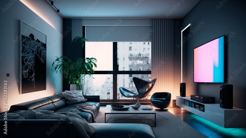 Modern Living Room Interior with Sofa and Television with Neon Lights, Minimalist Decor, Generative 