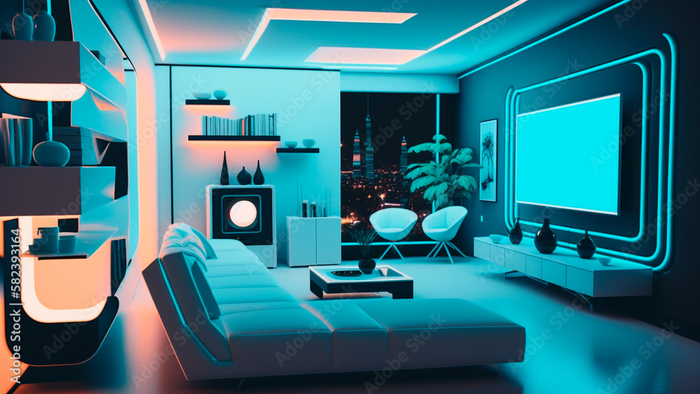 Modern Living Room Interior with Sofa and Television with Neon Lights, Minimalist Decor, Generative 