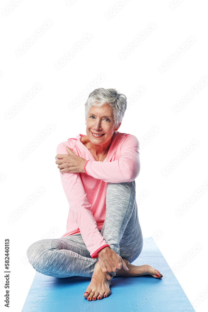 Yoga, portrait and relax with senior female sitting during workout break to rest isolated on a trans