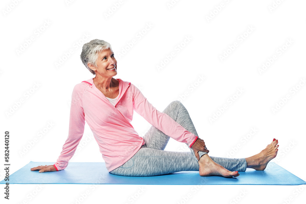 Thinking, stretch and yoga with senior woman and fitness idea isolated on a png background. Future, 