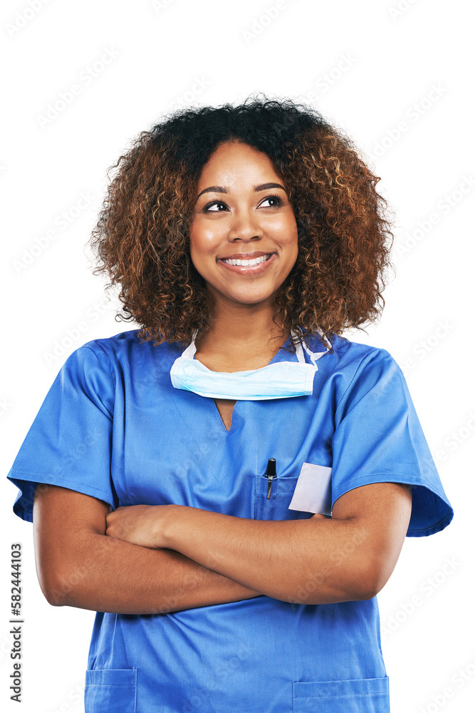 Thinking, nurse and black woman with arms crossed. Medical, thinking and confident, proud and happy 