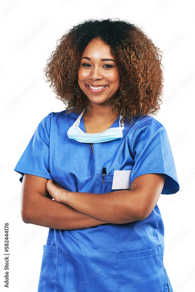 Nurse, arms crossed and portrait of happy black woman. Medic, healthcare and confident and proud fem