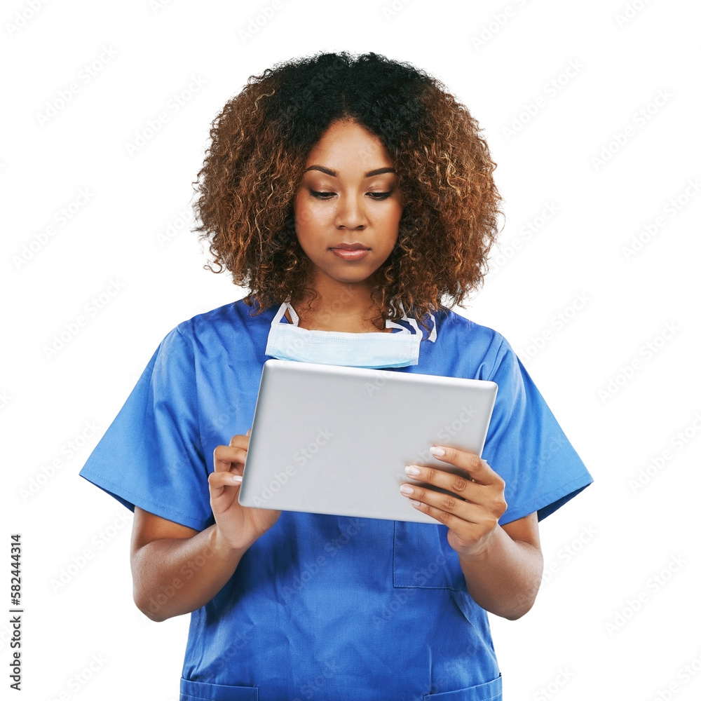 A Black woman, doctor and tablet for typing, focus or communication on internet. Isolated nurse, tou